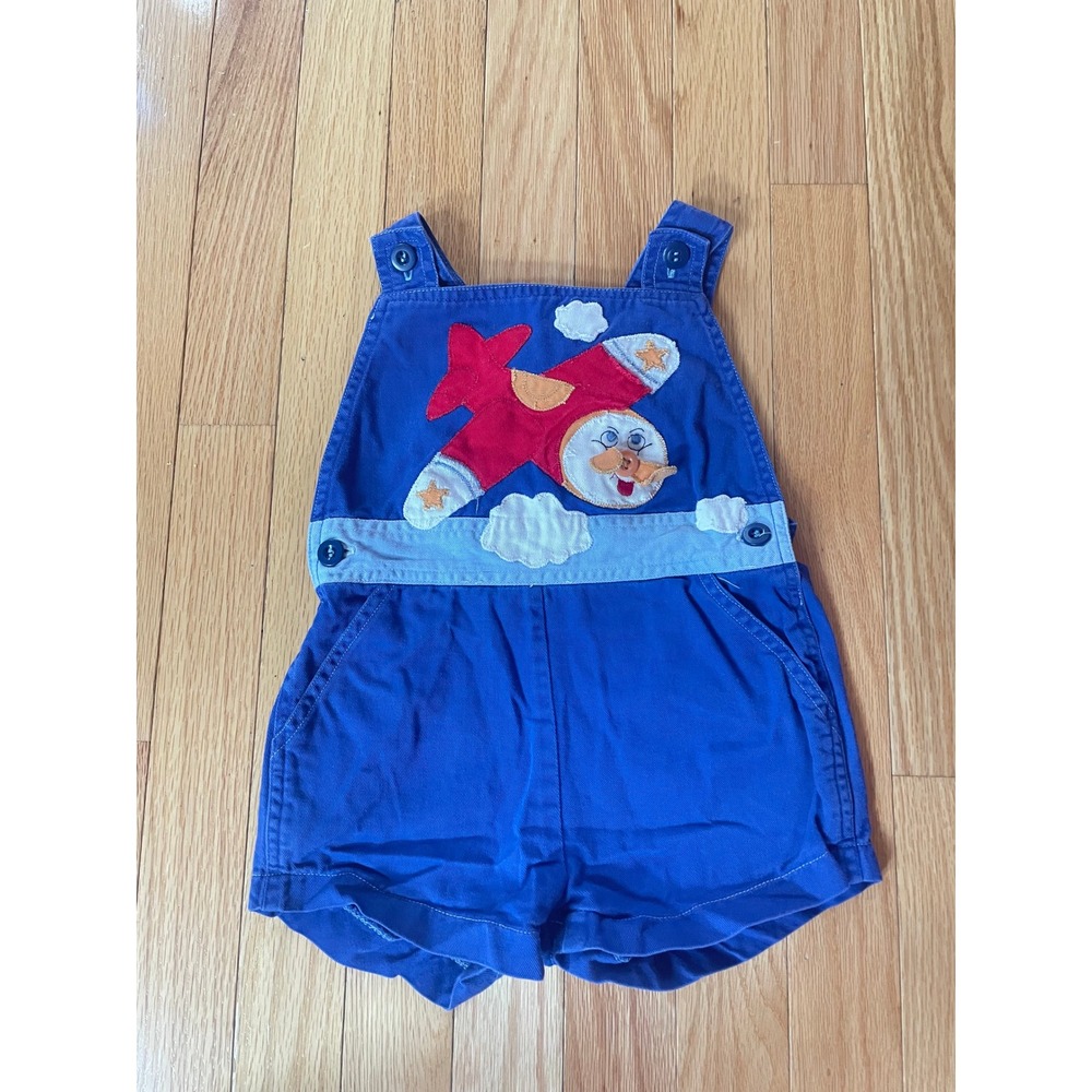 Vintage Popsicle Blue Cotton Airplane Embroidery Applique Overalls Toddler Sz 3
